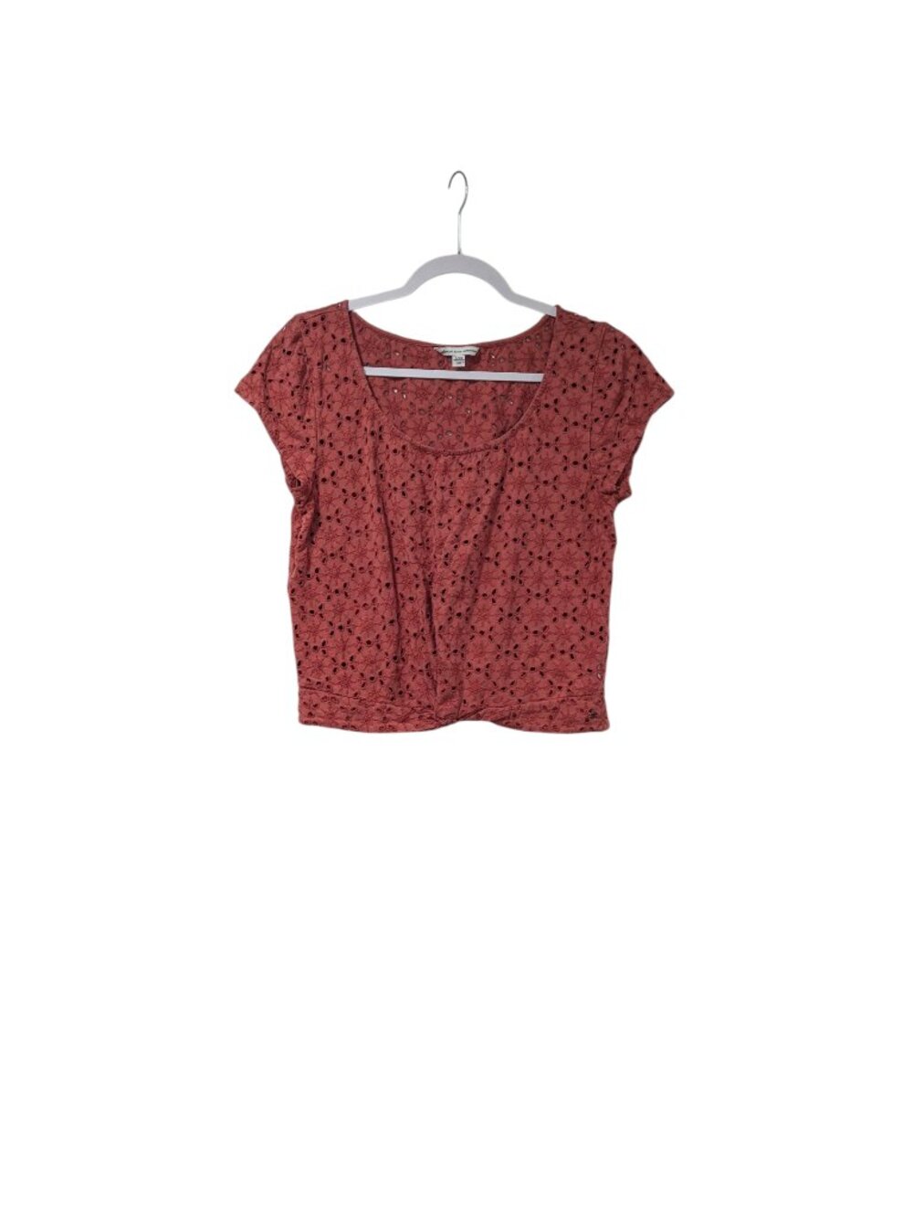 American Eagle Rust Orange Floral Eyelet Front Twist Cropped Boho Blouse Sz L